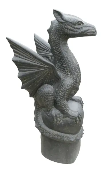 Product image 6 of the product “Sitting dragon on a rock, approx. 152 cm high. Cast stone, handcrafted & colored ”